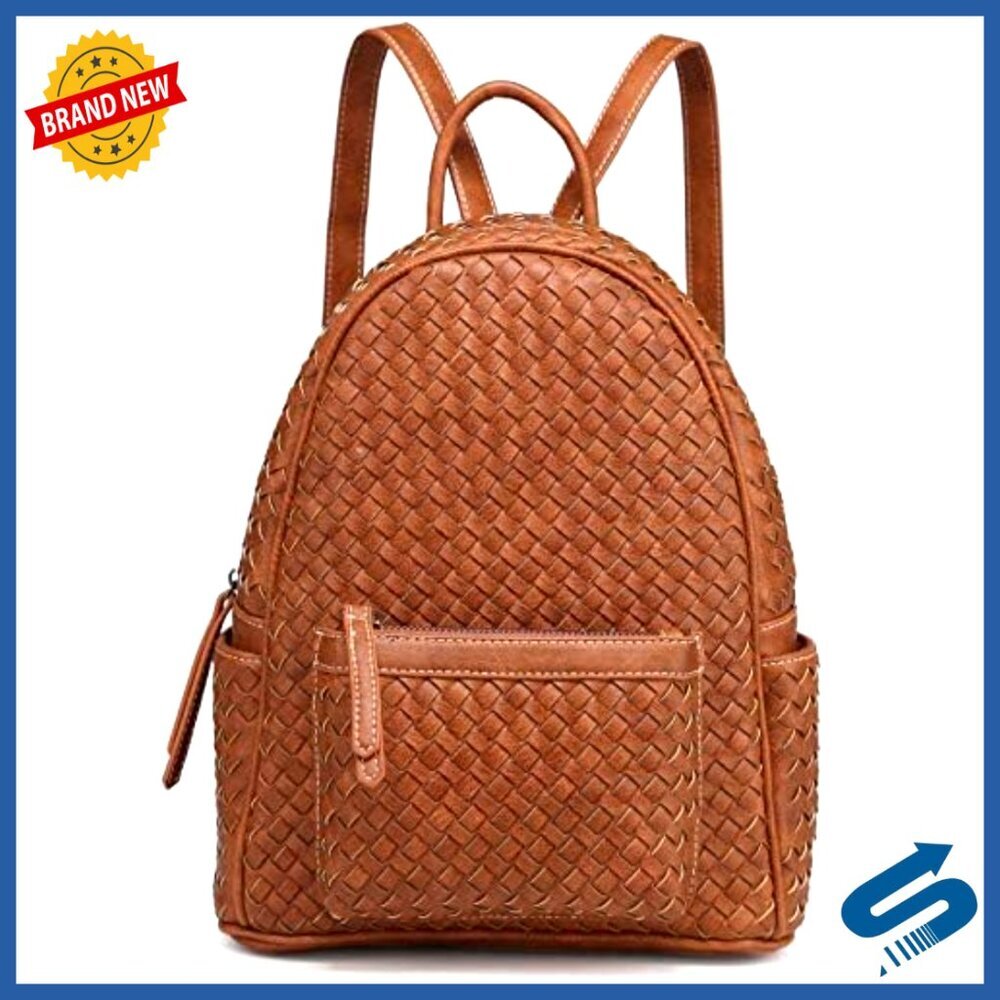 Woven Vegan Leather Mini Backpack Purse Chic Travel Daypack Adjustable Straps